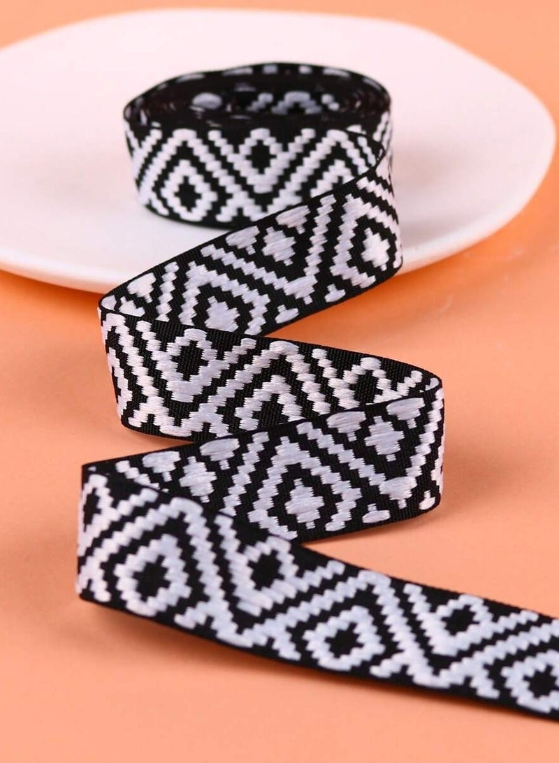 Traditional Geometric Patterned Embroidered Trim Ribbon - 2.5 cm Width, 2 Meters Length - Black and White - Image 2