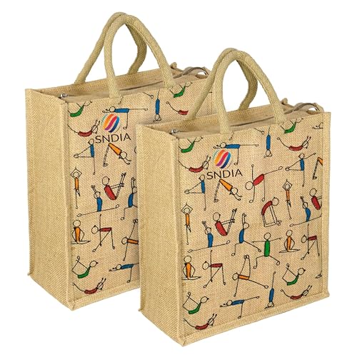 SNDIA Pack of 2 Eco Friendly Reusable Jute Bag, Yoga Printed Jute Bag, Grocery Shopping Bag, Multi-Purpose Bag, Jute Lunch Bag, Sturdy Handle with Zipper Lock (33 * 29 * 12cm) - Image 1