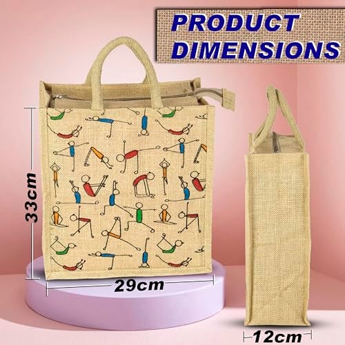 SNDIA Pack of 2 Eco Friendly Reusable Jute Bag, Yoga Printed Jute Bag, Grocery Shopping Bag, Multi-Purpose Bag, Jute Lunch Bag, Sturdy Handle with Zipper Lock (33 * 29 * 12cm) - Image 2