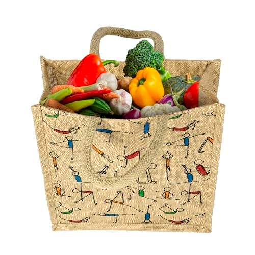 SNDIA Pack of 2 Eco Friendly Reusable Jute Bag, Yoga Printed Jute Bag, Grocery Shopping Bag, Multi-Purpose Bag, Jute Lunch Bag, Sturdy Handle with Zipper Lock (33 * 29 * 12cm) - Image 5