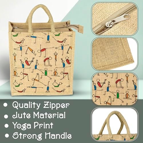 SNDIA Pack of 2 Eco Friendly Reusable Jute Bag, Yoga Printed Jute Bag, Grocery Shopping Bag, Multi-Purpose Bag, Jute Lunch Bag, Sturdy Handle with Zipper Lock (33 * 29 * 12cm) - Image 3