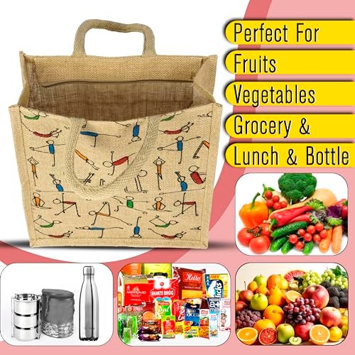 SNDIA Pack of 2 Eco Friendly Reusable Jute Bag, Yoga Printed Jute Bag, Grocery Shopping Bag, Multi-Purpose Bag, Jute Lunch Bag, Sturdy Handle with Zipper Lock (33 * 29 * 12cm) - Image 4