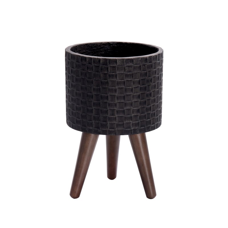 D'vine Dev 8 Inch Modern Geometric Tile Patterned Sleek Planter Pot with Stand, Indoor Outdoor Decorative Plant Holder, Distressed Black, 88-Z-A-5 - Image 1