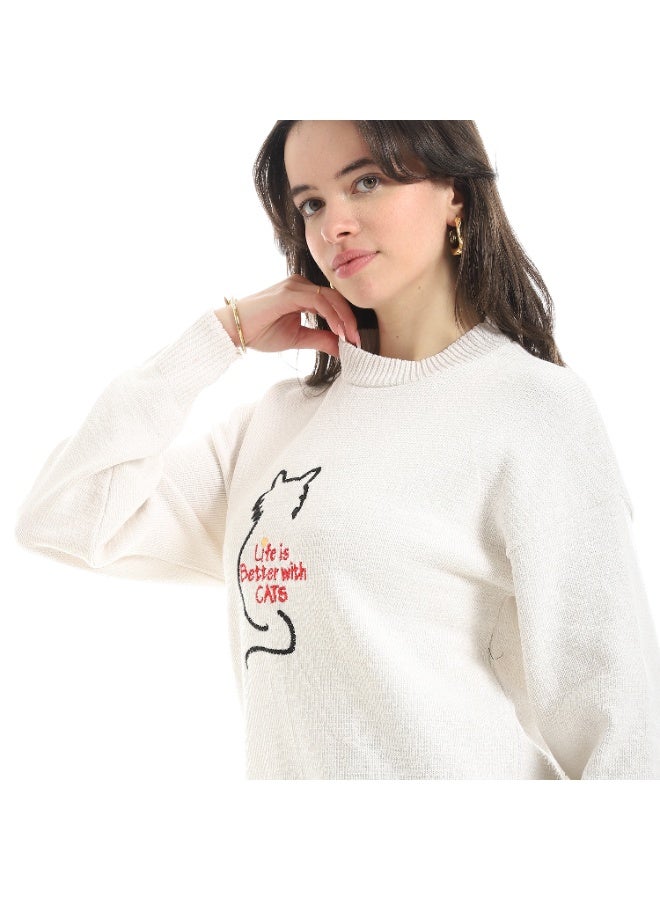 سيزار بلوفر صوف حريمي برقبة دائرية ومزود بتطريز علي الصدر - Image 5