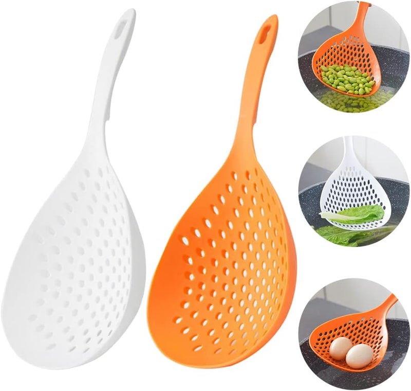 Barafat 2 Pieces Strainer Scoop Colander Slotted Pasta Spoon Plastic Skimmer Spoon with Handle Food Drain Shovel for Kitchen Cooking, White and Orange - Image 1