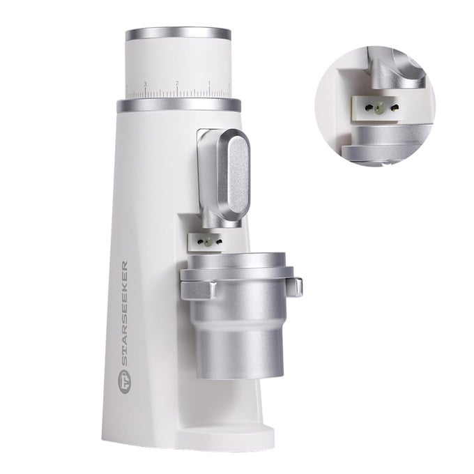 EDGE PLASMA ELECTRIC COFFEE GRINDER ALUMINUM AUTOMATIC COFFEE BEAN GRINDER FOR FRENCH PRESS DRIP COFFEE AND ESPRESSO REMOVABLE FINENESS ADJUSTMENT MAGNETIC SUCTION PORT WITH CUP WHITE