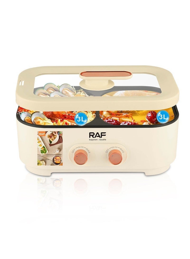 آر إيه أف قدر كهربائي 2 في 1 من RAF، يجمع بين الطهي الساخن والشواء | منطقتان تسخين بقوة 2000 واط (1000 واط + 1000 واط)، سعة 6 لترات، نكهة مزدوجة | قدر كهربائي متعدد الاستخدامات لتحضير الشابو شابو، والحساء، واليخنات، والشواء - Image 1