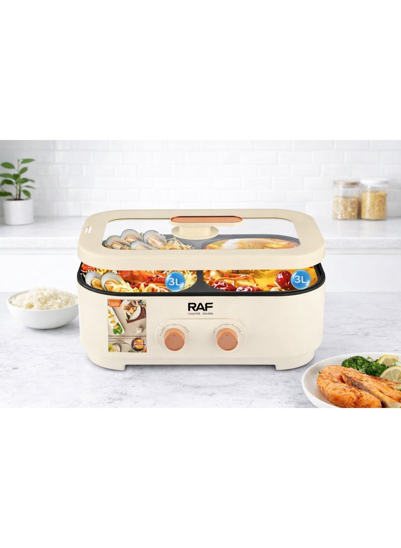 آر إيه أف قدر كهربائي 2 في 1 من RAF، يجمع بين الطهي الساخن والشواء | منطقتان تسخين بقوة 2000 واط (1000 واط + 1000 واط)، سعة 6 لترات، نكهة مزدوجة | قدر كهربائي متعدد الاستخدامات لتحضير الشابو شابو، والحساء، واليخنات، والشواء - Image 2