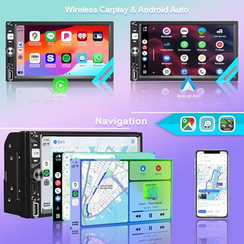 Oeretzrac 7 راديو سيارة مزدوج دين مع Apple CarPlay اللاسلكي FM راديو السيارة بلوتوث 52IPS شاشة تعمل باللمس 1024 600 كاميرا خلفية EQ صوت مزدوج USB شحن Type-C سوب ووفر Android Auto ملاحة CarPlay MP5 - Image 3