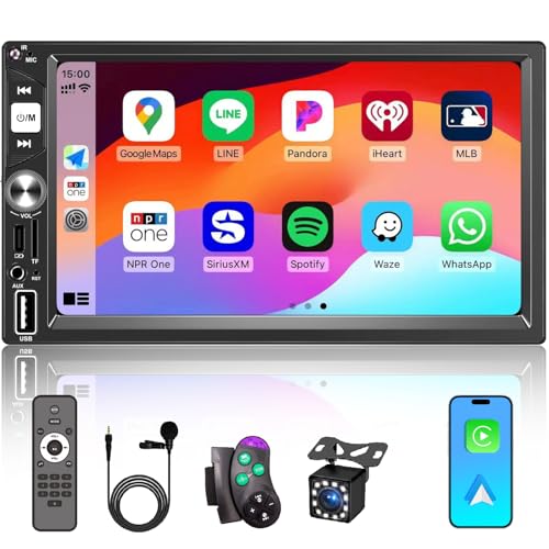 Oeretzrac 7 راديو سيارة مزدوج دين مع Apple CarPlay اللاسلكي FM راديو السيارة بلوتوث 52IPS شاشة تعمل باللمس 1024 600 كاميرا خلفية EQ صوت مزدوج USB شحن Type-C سوب ووفر Android Auto ملاحة CarPlay MP5 - Image 1