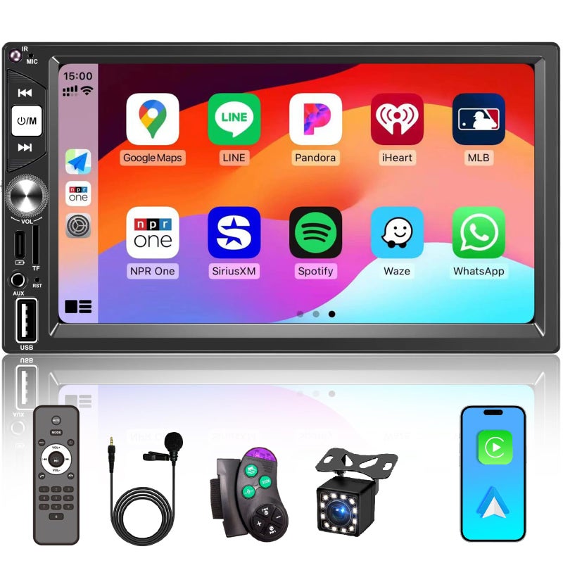 Oeretzrac 7 راديو سيارة مزدوج دين مع Apple CarPlay اللاسلكي FM راديو السيارة بلوتوث 52IPS شاشة تعمل باللمس 1024 600 كاميرا خلفية EQ صوت مزدوج USB شحن Type-C سوب ووفر Android Auto ملاحة CarPlay MP5 - Image 2
