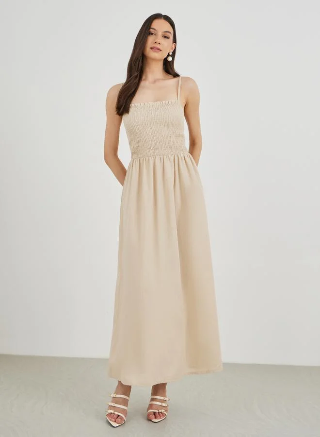 تايك تو Take Two Solid Open Front Kimono with Smocking Detail Maxi Dress Set