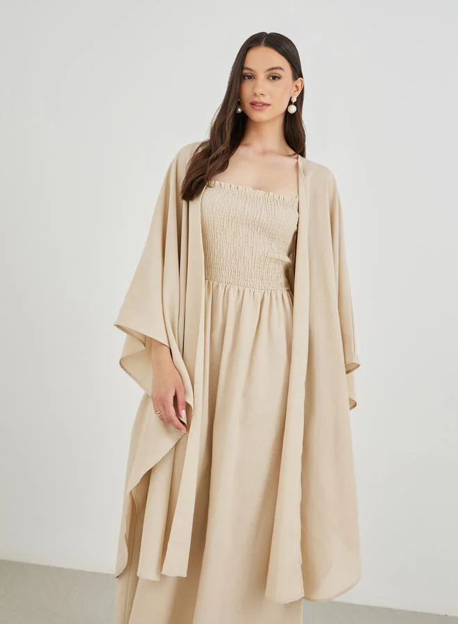 تايك تو Take Two Solid Open Front Kimono with Smocking Detail Maxi Dress Set