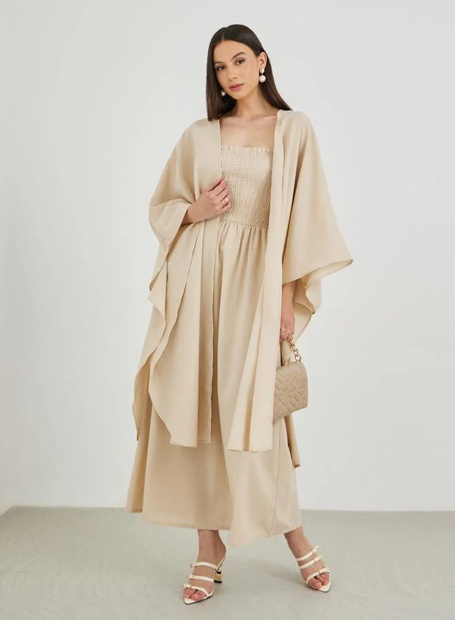 تايك تو Take Two Solid Open Front Kimono with Smocking Detail Maxi Dress Set