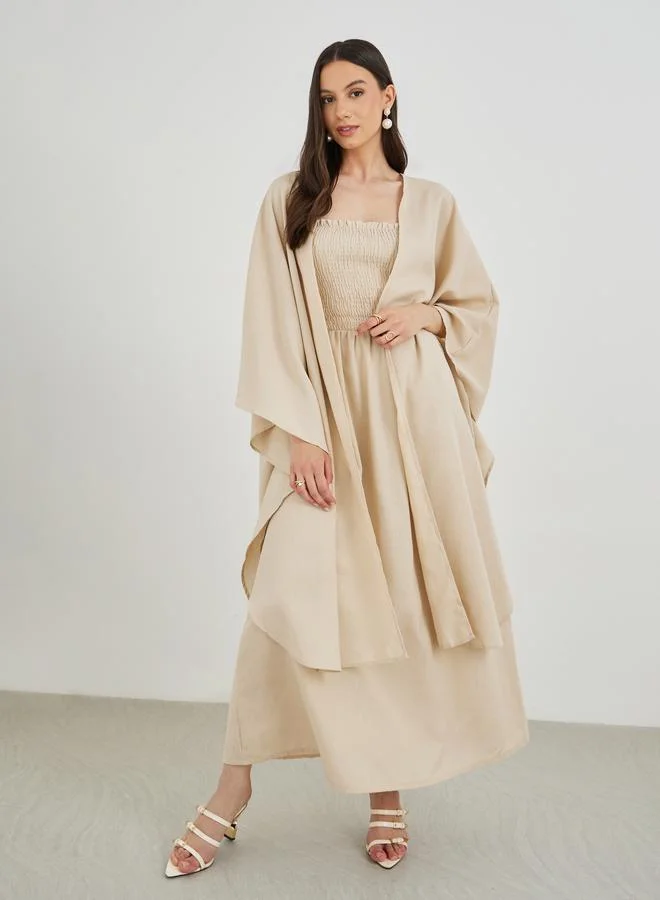 تايك تو Take Two Solid Open Front Kimono with Smocking Detail Maxi Dress Set
