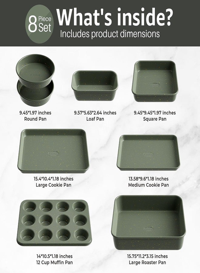 Slow Slog 8-Piece Nonstick Bakeware Set, Stackable Oven Pan Set Includes Baking Sheet, Muffin Pan, Cake Pan, Square Pan, Loaf Pan, Cookie Sheet & Cooling Rack (Ceramic Coated Green) - Image 3