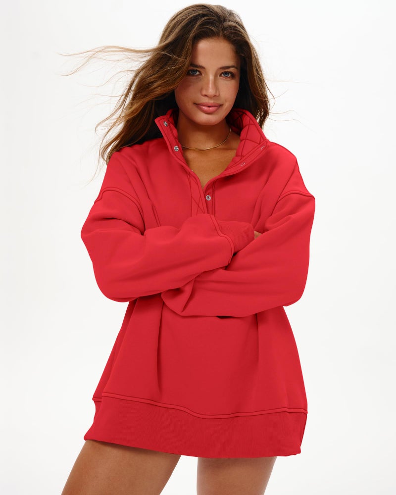 Locachy Women's Henley Neck Button Oversized Sweatshirt Casual Long Sleeve Pullover Tops 2026 Fashion Outfits Clothes Red S - Image 5