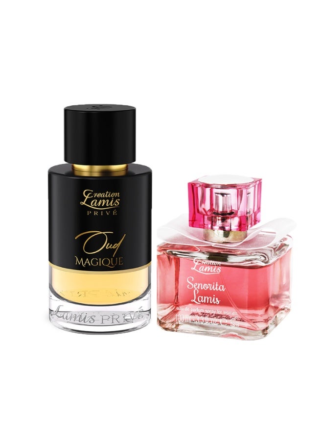 Creation Lamis Her Day & Night Perfume Combo - Senorita Lamis EDP for Women 100ml + Privé Oud Magique EDP Unisex 100ml | Fruity Floral & Oud Amber Duo - Image 1