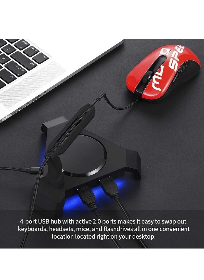 Gaming Mouse Bungee Cable Holder, 4 Port USB Hub & RGB Lighting with Flexible Silicone Arm, Cord Management Support Stabilized Design Improved Accuracy for Competitive Games