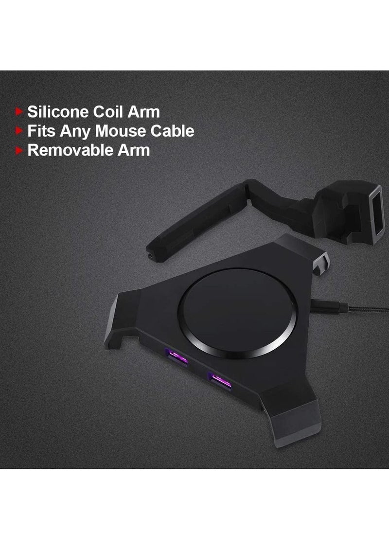 Gaming Mouse Bungee Cable Holder, 4 Port USB Hub & RGB Lighting with Flexible Silicone Arm, Cord Management Support Stabilized Design Improved Accuracy for Competitive Games