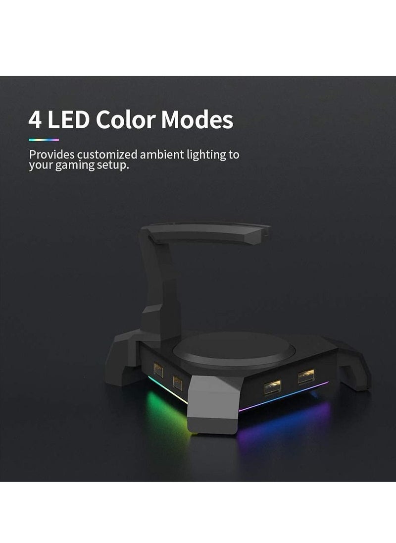 Gaming Mouse Bungee Cable Holder, 4 Port USB Hub & RGB Lighting with Flexible Silicone Arm, Cord Management Support Stabilized Design Improved Accuracy for Competitive Games