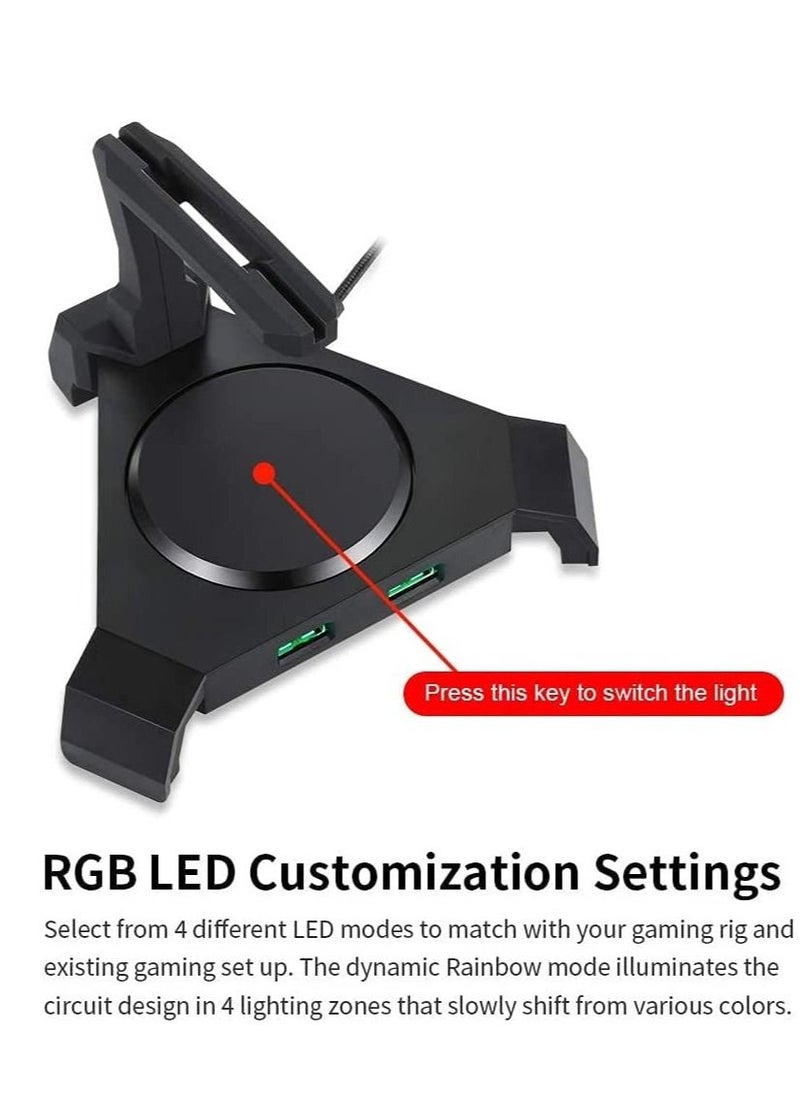 Gaming Mouse Bungee Cable Holder, 4 Port USB Hub & RGB Lighting with Flexible Silicone Arm, Cord Management Support Stabilized Design Improved Accuracy for Competitive Games