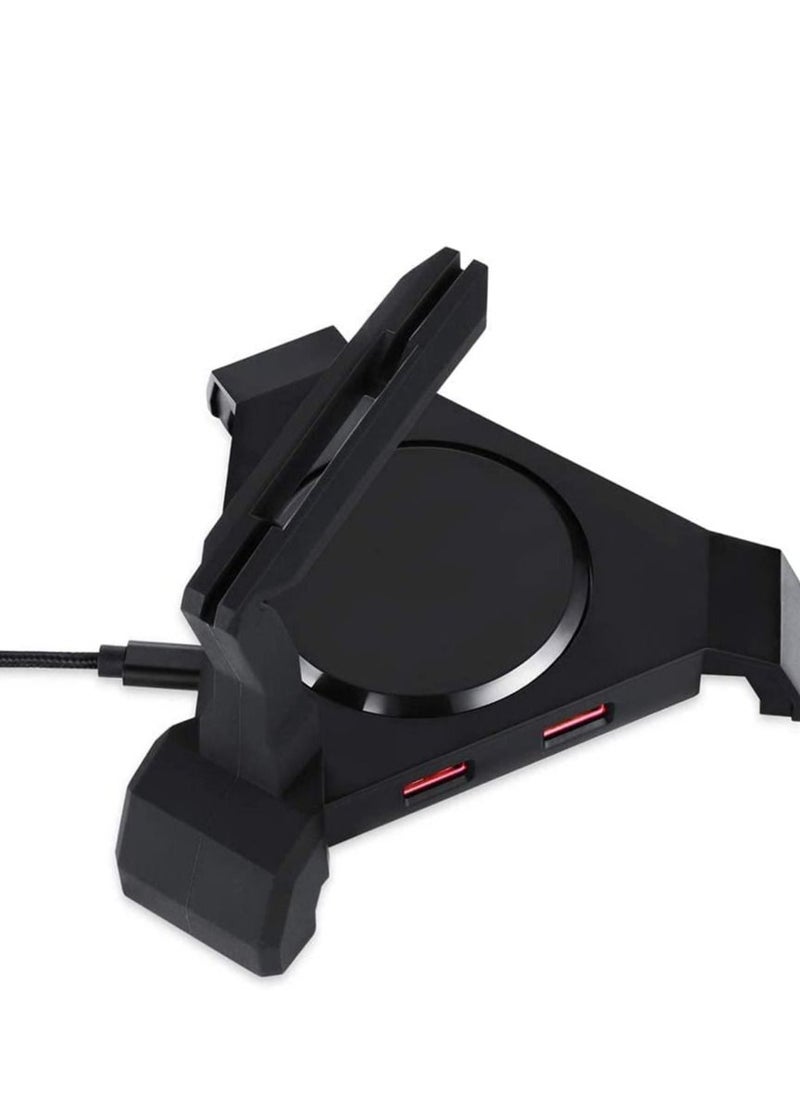 Gaming Mouse Bungee Cable Holder, 4 Port USB Hub & RGB Lighting with Flexible Silicone Arm, Cord Management Support Stabilized Design Improved Accuracy for Competitive Games
