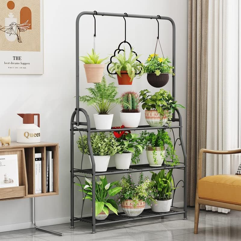 Snazzy Plant Stand 3 Tier Indoor Outdoor Tall Corner Hanging Plant Shelf Metal Flower Stands Ladder Plant Holder for Room Balcony Garden Patio Multiple Plants, Dark Grey - Image 3