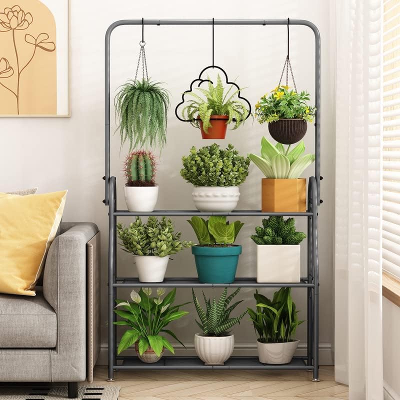 Snazzy Plant Stand 3 Tier Indoor Outdoor Tall Corner Hanging Plant Shelf Metal Flower Stands Ladder Plant Holder for Room Balcony Garden Patio Multiple Plants, Dark Grey - Image 2