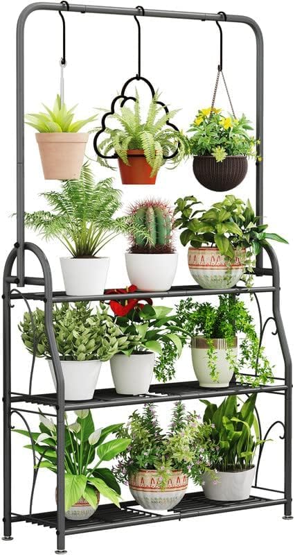 Snazzy Plant Stand 3 Tier Indoor Outdoor Tall Corner Hanging Plant Shelf Metal Flower Stands Ladder Plant Holder for Room Balcony Garden Patio Multiple Plants, Dark Grey - Image 1