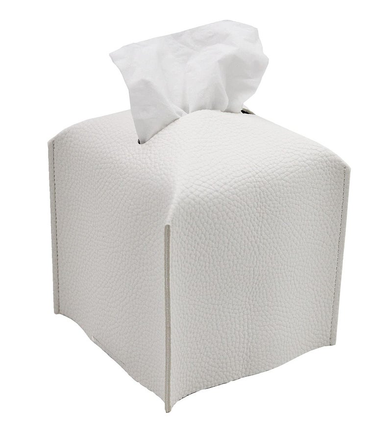 Livelab Tissue Box Cover, Square Decorative PU Leather Tissue Box Holder Modern Tissue Case Facial Paper Organizer Dispenser for Bathroom, Vanity Countertop, Night Stands, Desk 5X5X5'' | Off White - Image 1