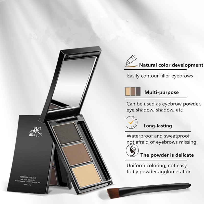 UOCK Eyebrow powder three-color brow disc waterproof eyebrow powder eyebrow makeup kit eyebrow filler to shape natural eyebrows (03# Skin color, brown, gray-black) - Image 3