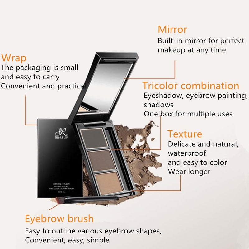 UOCK Eyebrow powder three-color brow disc waterproof eyebrow powder eyebrow makeup kit eyebrow filler to shape natural eyebrows (03# Skin color, brown, gray-black) - Image 5