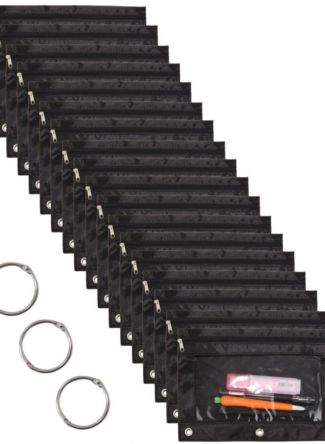 WODISON 18-Packs 3 Ring Pencil Pouch with Clear Window School Classroom Binder Pocket Case Office Stationery Bag Black - Image 1