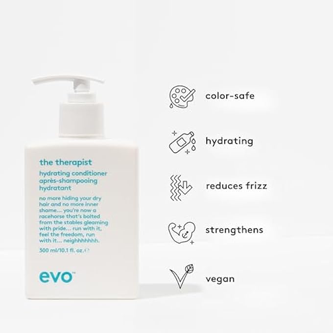 EVO THE THERAPIST HYDRATING CONDITIONER, MOISTURISING CONDITIONER FOR DRY AND COLOURED HAIR, GIVES SUPPLENESS, SHINE AND REDUCES FRIZZ, VEGAN, SULPHATE-FREE, 300 ML - Image 3