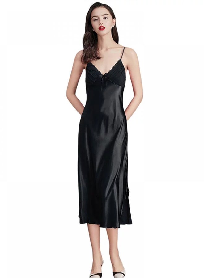 MARGOUN Women Nightdress Long Nightgown Artificial Silk Solid Color Deep-V Backless Sleepwear Nightie Nightwear Black  - Image 1