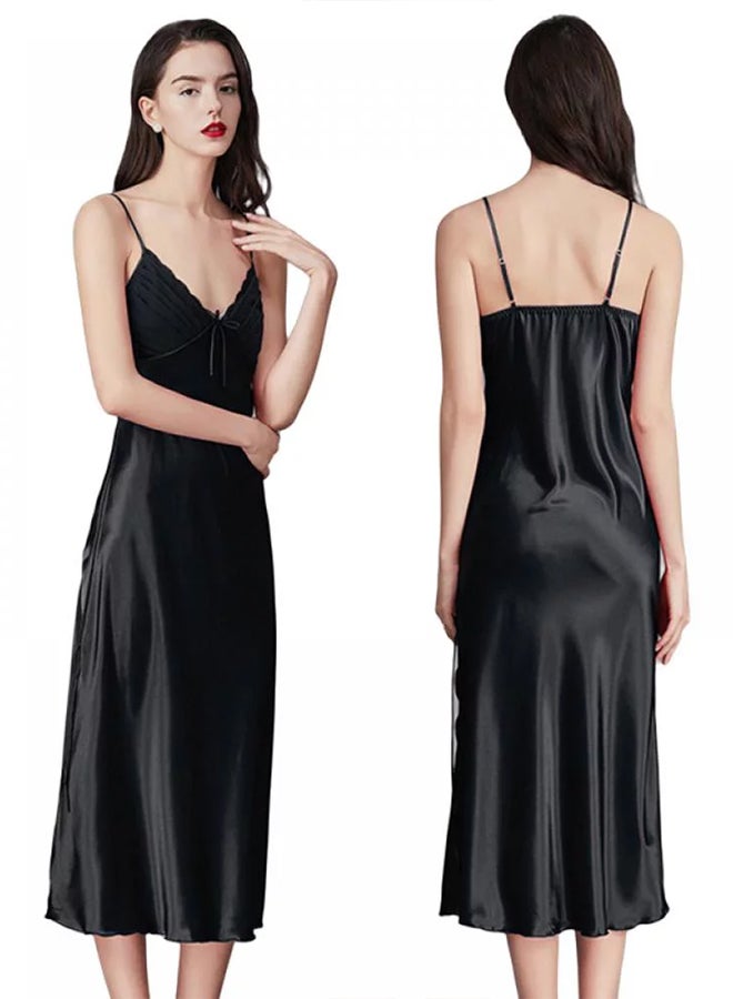 MARGOUN Women Nightdress Long Nightgown Artificial Silk Solid Color Deep-V Backless Sleepwear Nightie Nightwear Black  - Image 2