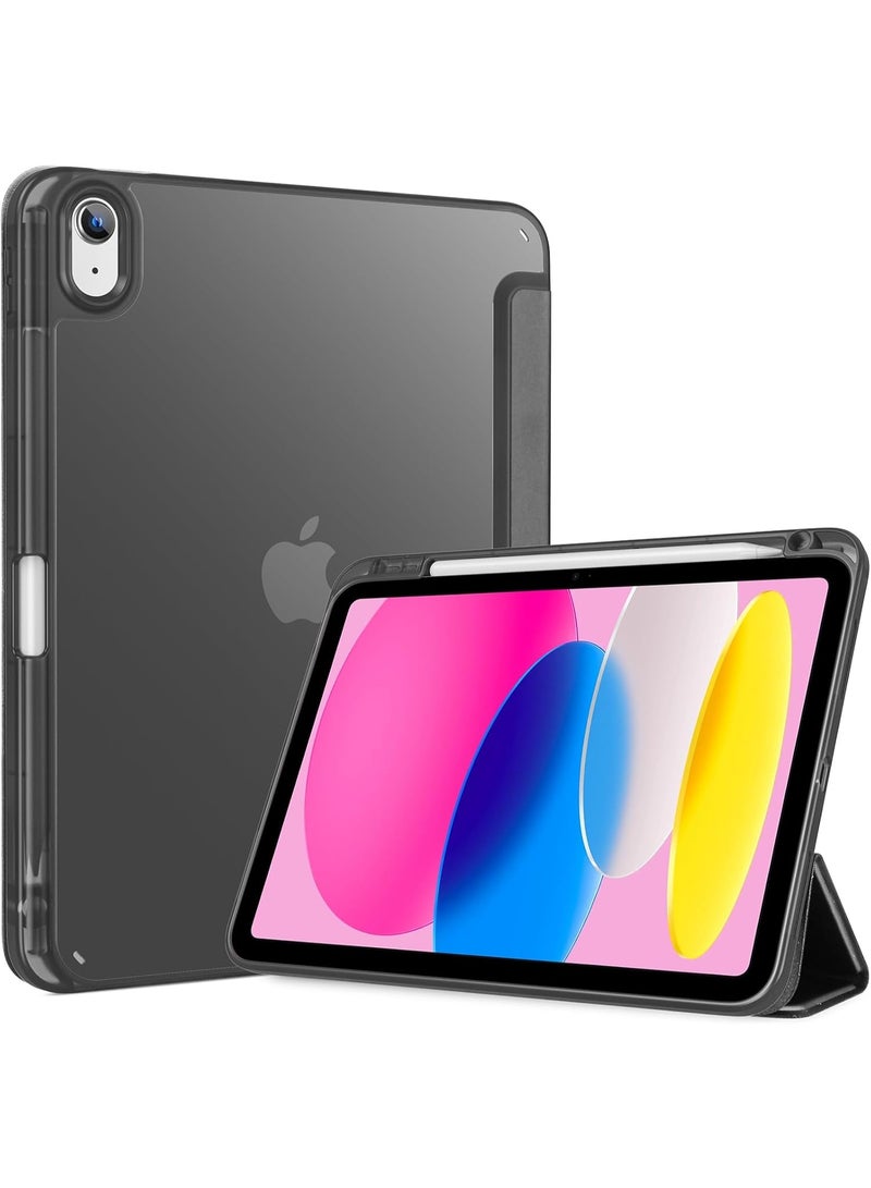 حافظة لجهاز iPad الجيل العاشر 10.9 2022 / iPad الجيل الحادي عشر (A16) 10.9 بوصة 2025 مع حامل قلم مدمج وغطاء خلفي مرن وحامل ثلاثي الطي وسلسلة السكون والاستيقاظ التلقائي، شفاف / أسود - Image 1