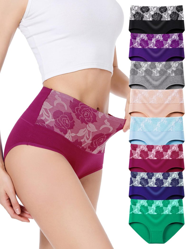 HAVVIS Women's Briefs Underwear Cotton High Waist Tummy Control Panties Rose Jacquard Ladies Panty Multipack (Brief 01-8 Pack - Assorted Colors 03, Large) - Image 1