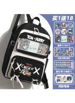 Cartoon Tom Jerry Anime School Bag Large Capacity Nylon Womens Backpack For Junior Senior High School Students Black B -18-piece set