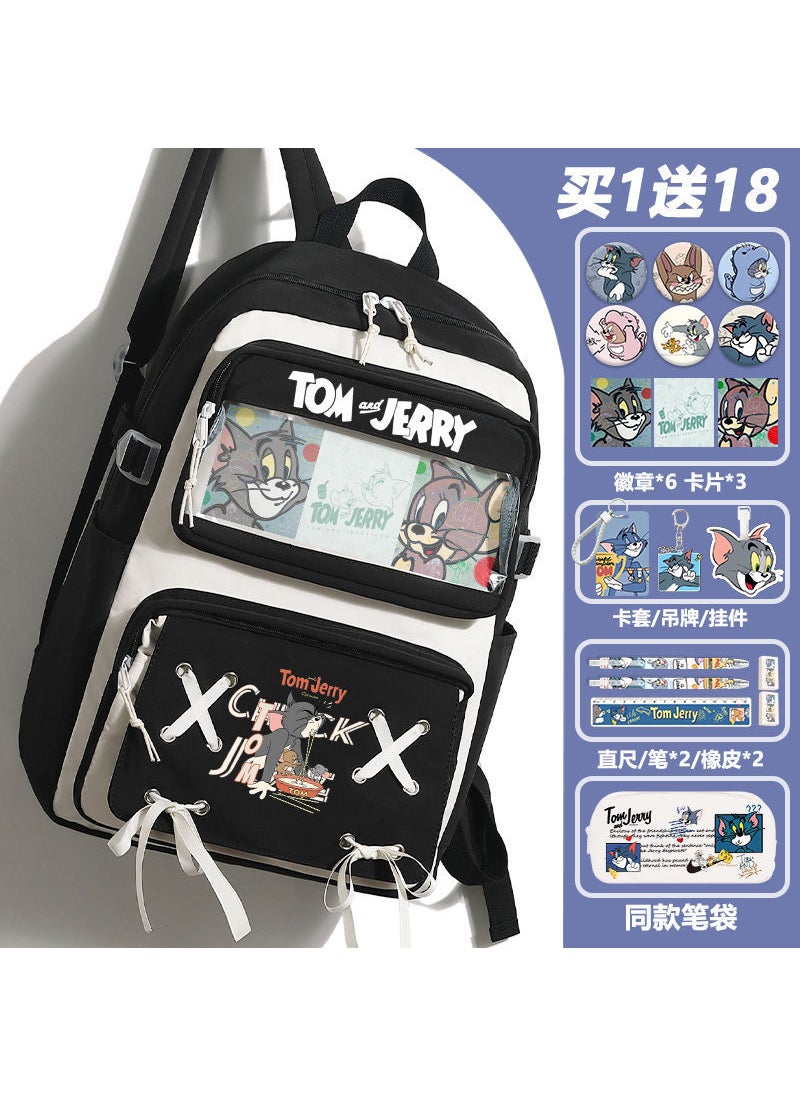 Generic - Cartoon Tom Jerry Anime School Bag Large Capacity Nylon Womens Backpack For Junior Senior High School Students Black B -18-piece set - Image 1