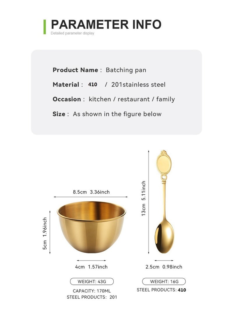 طقم أوعية تغميس مكون من 6 أوعية، أوعية تغميس ذهبية من الفولاذ المقاوم للصدأ، طقم أطباق تقديم، أوعية تاباس، أوعية صغيرة لتغميس مكونات المقبلات والصلصات، أوعية وجبات خفيفة مصقولة مع 3 ملاعق، آمنة للغسل في غسالة الأطباق - Image 3