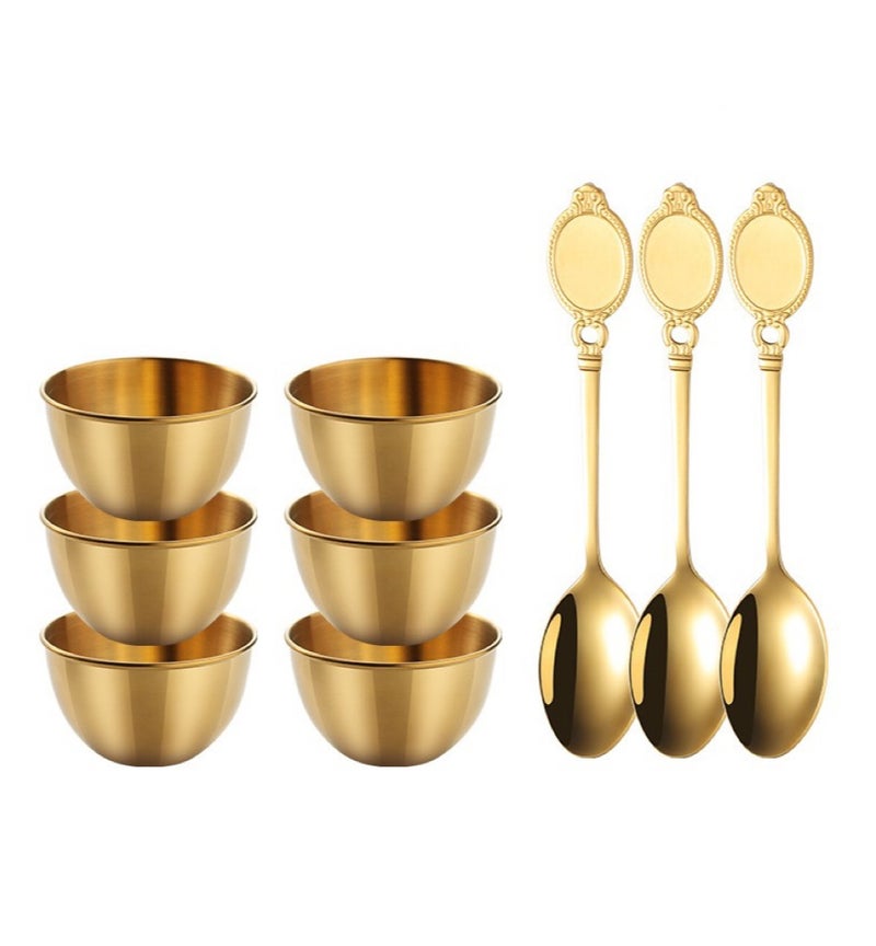 Golden dipping sauce bowl set, stainless steel dinnerware set (6-piece), appetizer bowls, dipping sauce-specific small bowls, snack bowls with 3 spoons, dishwasher-safe tableware - Image 1