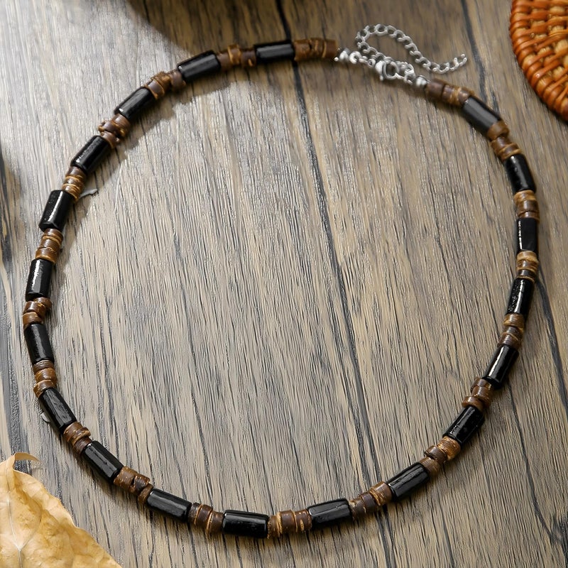 MIFYNN Surfer Necklace for Men Beaded Choker Necklace Puka Shell Necklaces Brown Coconut Wood Beads Necklaces Beach Surfer Jewelry Gift (Black brown) - Image 4