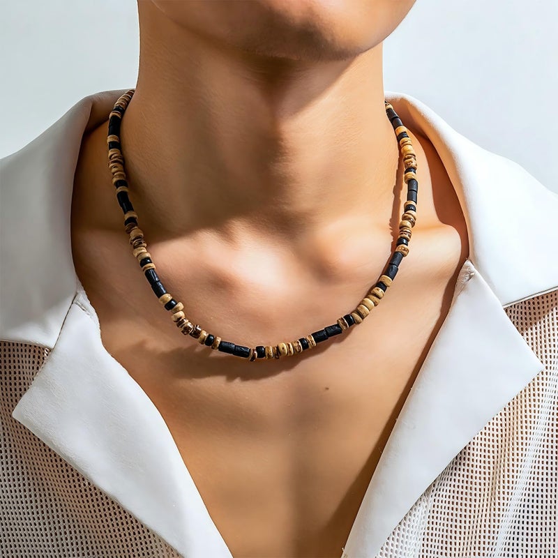 MIFYNN Surfer Necklace for Men Beaded Choker Necklace Puka Shell Necklaces Brown Coconut Wood Beads Necklaces Beach Surfer Jewelry Gift (Black brown) - Image 3