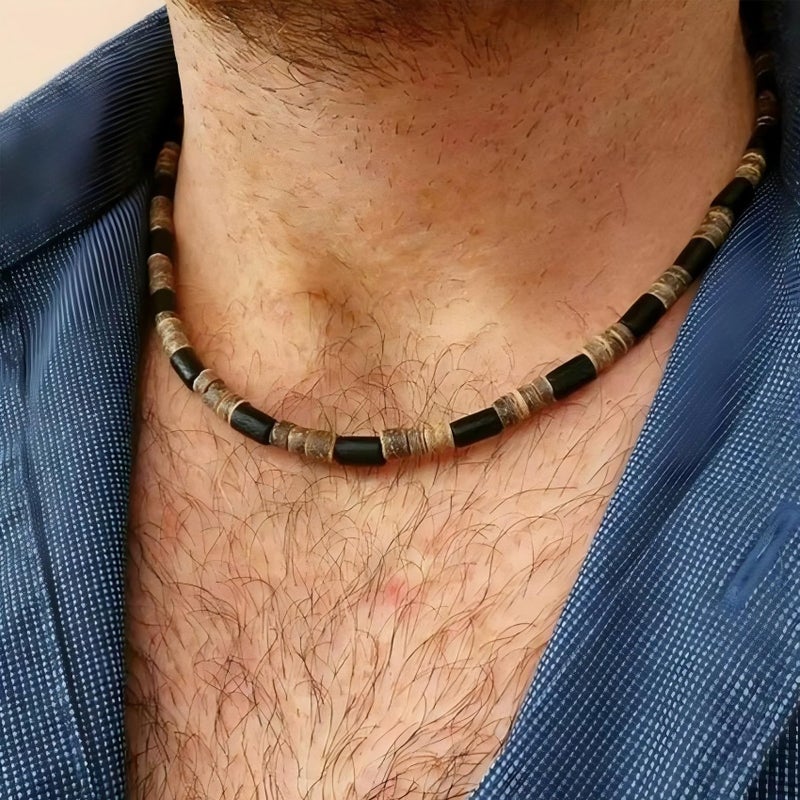 MIFYNN Surfer Necklace for Men Beaded Choker Necklace Puka Shell Necklaces Brown Coconut Wood Beads Necklaces Beach Surfer Jewelry Gift (Black brown) - Image 2