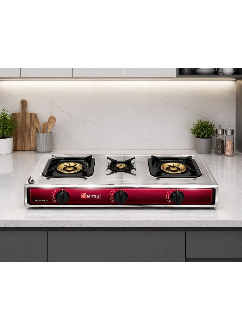 MITSHU Stainless Steel Triple Gas Cooker Gas Stove, 3 Energy Efficient Burners With Heavy Iron Burner Cap| Low Gas Consumption | Auto Ignition System, LPG Gas Stove| Perfect For Home, Restaurants, Apartments  Silver - Image 3