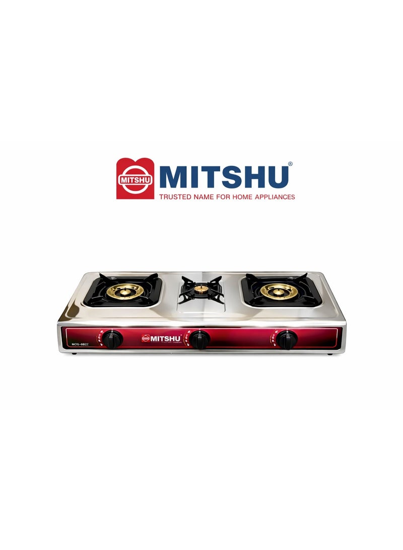 MITSHU Stainless Steel Triple Gas Cooker Gas Stove, 3 Energy Efficient Burners With Heavy Iron Burner Cap| Low Gas Consumption | Auto Ignition System, LPG Gas Stove| Perfect For Home, Restaurants, Apartments  Silver - Image 1