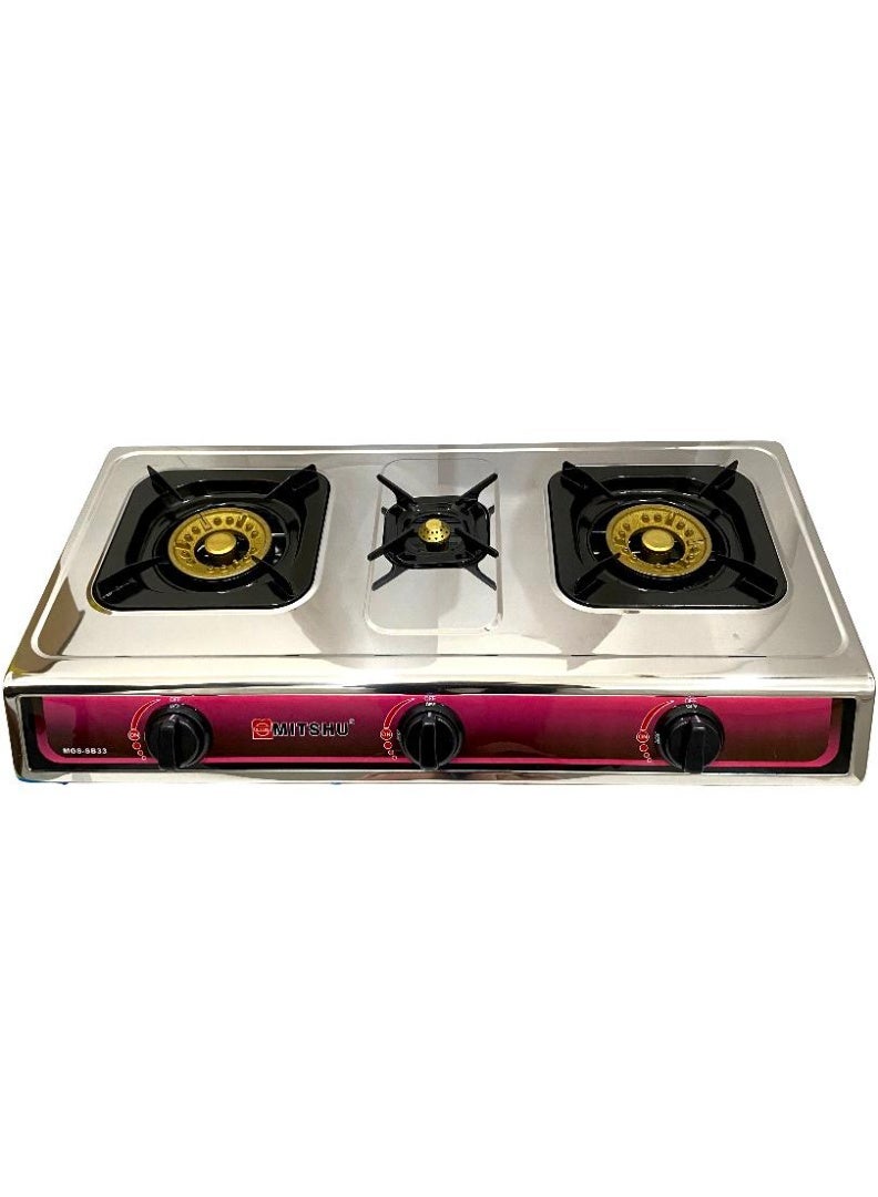 MITSHU Stainless Steel Triple Gas Cooker Gas Stove, 3 Energy Efficient Burners With Heavy Iron Burner Cap| Low Gas Consumption | Auto Ignition System, LPG Gas Stove| Perfect For Home, Restaurants, Apartments  Silver - Image 2