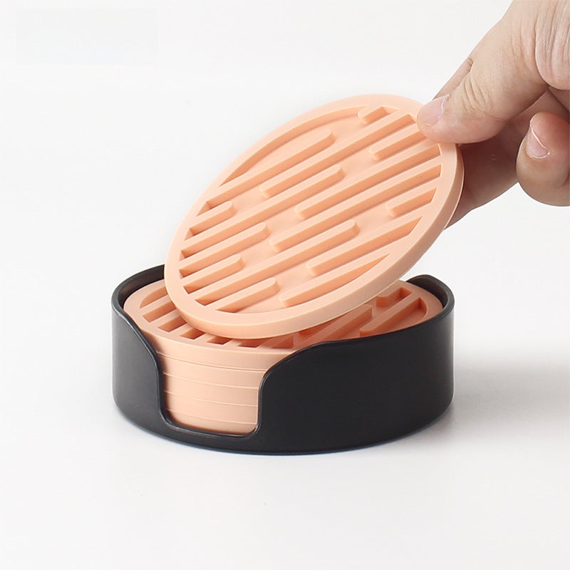 Silicone Coaster 10cm Round Heat Insulation Mat Marble Coffee Coaster Mat Anti-Perm Mat Set Storage Striped Drain Nordic powder 6 Pad 1 plastic holder (bag) 